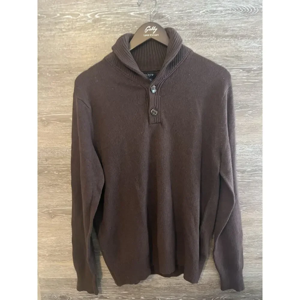 J.Crew Men's Shawl Collar Lambswool Pullover Sweater Brown Button Size Medium